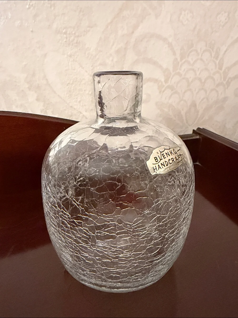 Vintage Blenko #6424 Clear Crackle Glass Candle Vase Joel Myers Foil Label